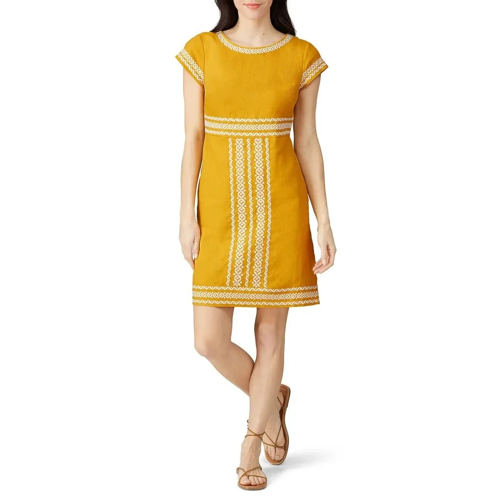 Boden Laura Linen Embroidered Mustard Yellow Linen Shift Dress US 8R